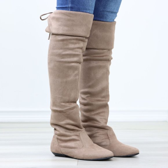 Fold Over Taupe Thigh High Over The Knee Flat No Heel Boots Faux Suede Pointed - Picture 14 of 14